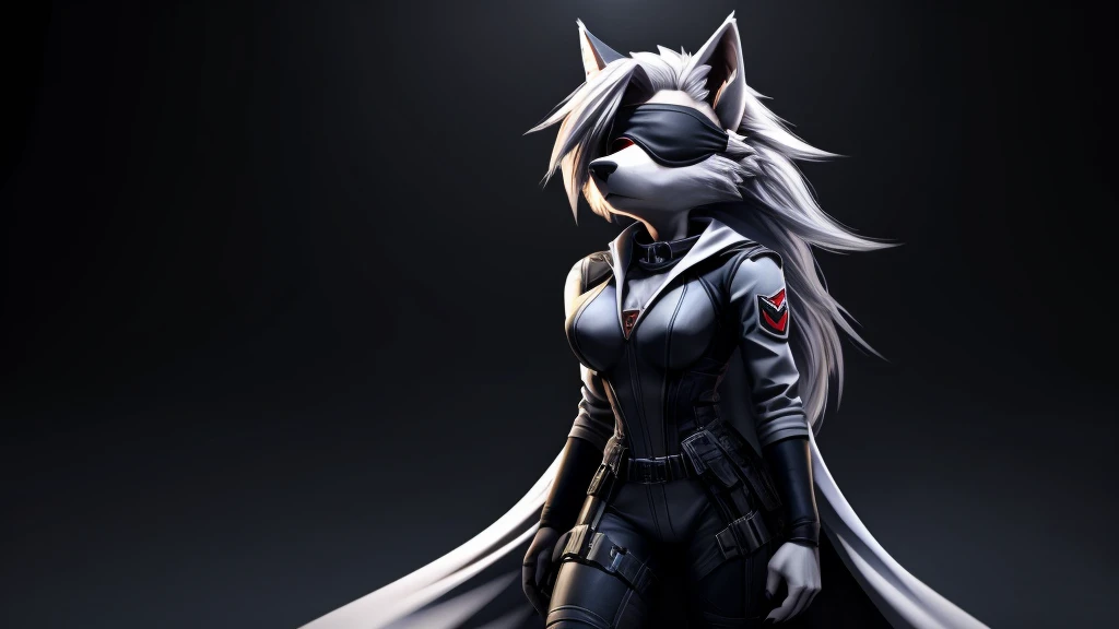 Loona from Helluva Boss, female white wolf, anthro, short white hair, blindfold, white padded combat suit, white cape, standing, serious, clear background, dark lighting, detailed, solo, beautiful, high quality, 4K