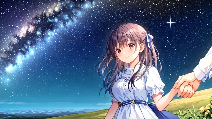 Close-up of the upper body of a young man and woman standing on a hill looking up at the Milky Way, holding hands and gazing at each other、Fantasy