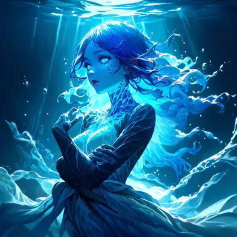 a genasi made of water, woman with water-like skin and flowing blue hair, beautiful detailed eyes, beautiful detailed lips, extremely detailed face, long eyelashes, graceful pose, underwater scene, glowing bioluminescent plants, ethereal lighting, cinemati...