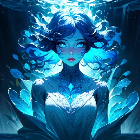 a genasi made of water, woman with water-like skin and flowing blue hair, beautiful detailed eyes, beautiful detailed lips, extr...