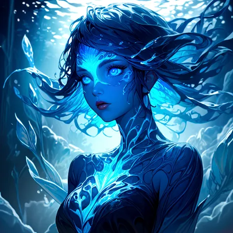 a genasi made of water, woman with water-like skin and flowing blue hair, beautiful detailed eyes, beautiful detailed lips, extr...