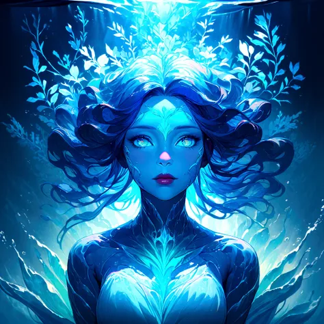 a genasi made of water, woman with water-like skin and flowing blue hair, beautiful detailed eyes, beautiful detailed lips, extremely detailed face, long eyelashes, graceful pose, underwater scene, glowing bioluminescent plants, ethereal lighting, cinemati...