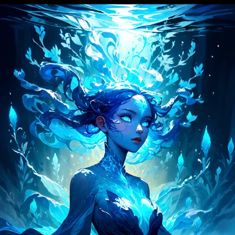 a genasi made of water, woman with water-like skin and flowing blue hair, beautiful detailed eyes, beautiful detailed lips, extr...