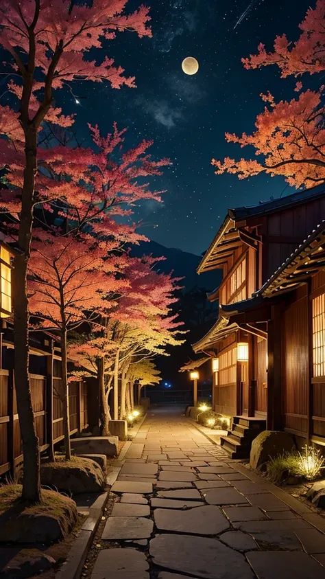 Official Art, Ancient Japan, treeTSakura Streets, (Lots of Fireflies), (Night), (Moon), (Star), Lights, Beautiful Landscapes, Epic Landscapes, Realistic Lights, Masterpiece, High Quality, Beautiful Graphics, High Detail , Global Illumination, Unreal Engine...