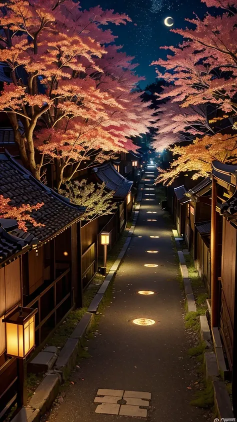 Official Art, Ancient Japan, treeTSakura Streets, (Lots of Fireflies), (Night), (Moon), (Star), Lights, Beautiful Landscapes, Epic Landscapes, Realistic Lights, Masterpiece, High Quality, Beautiful Graphics, High Detail , Global Illumination, Unreal Engine...