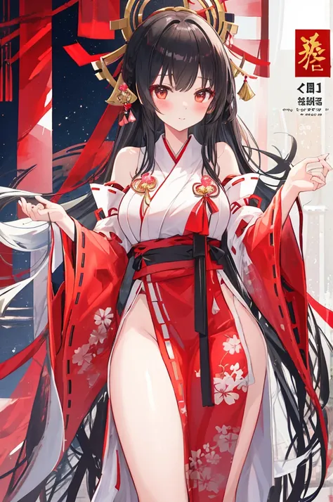 A woman with big ，Black long hair，Exquisite，Charm，Red ribbon，((transparent))Miko costume，Slim waist，blush，A cute daughter，