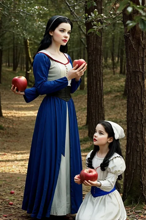 Snow White taking the apple that the witch gives her as people 