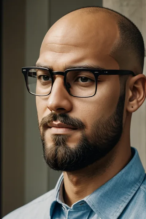 Man with balde head, short Beard and square glasses
