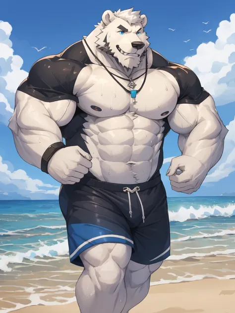 solo, 1boy, Huge Muscular White Polar Bear Dad Dude, huge white fur, pectoral, huge pectoral, wide pectoral, short white hair, blue-colored short trunks, black wristbands and shirtless topless, bearded, white Mustache, white fur, tooth necklace, beach back...