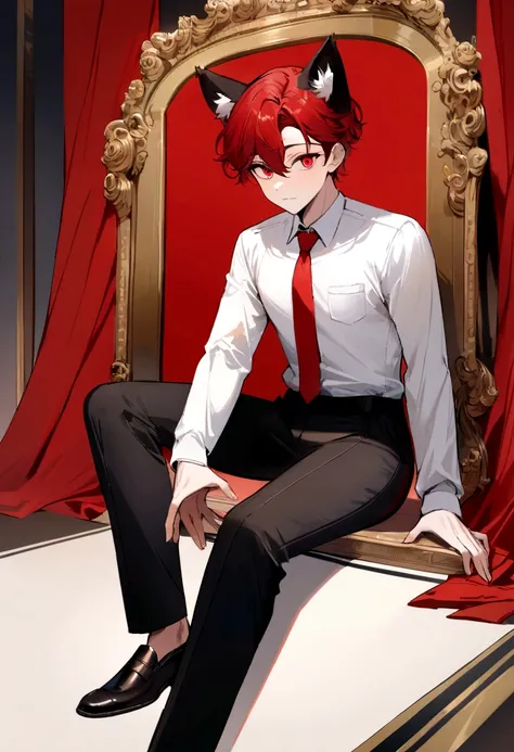 (best qualityer, work of art, more details in the eyes), 1 boy, crimson red eyes, shoulder-length red hair, adult a pair of feline ears on the head, detailed hair, full body in office clothes
