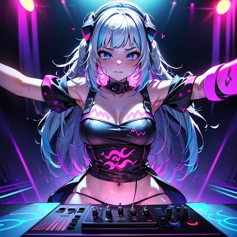 (best quality,ultra-detailed,highres,photo-realistic:1.37),,uv rave party,dj,glowing lights,ecstatic crowd,thumping music,dancing figures,energetic atmosphere,neon colors,deep bass beats,vibrant visuals,sweat-drenched,disco ball,electrifying energy,bouncin...