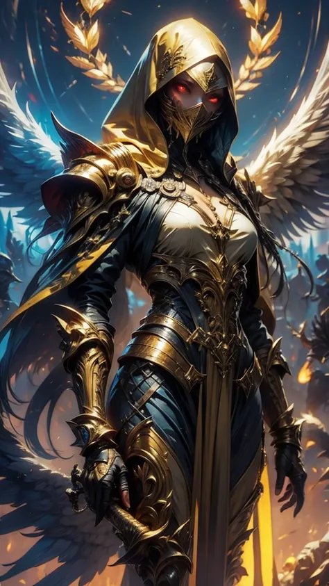 golden armored angel, wings made of energy, metallic halo, with no face, hooded, gold, fancy, conceptual artwork, ultra realisti...