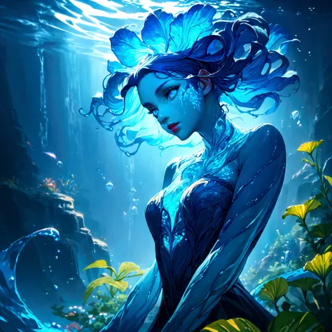 a genasi made of water, woman with water-like skin and flowing blue hair, beautiful detailed eyes, beautiful detailed lips, extr...