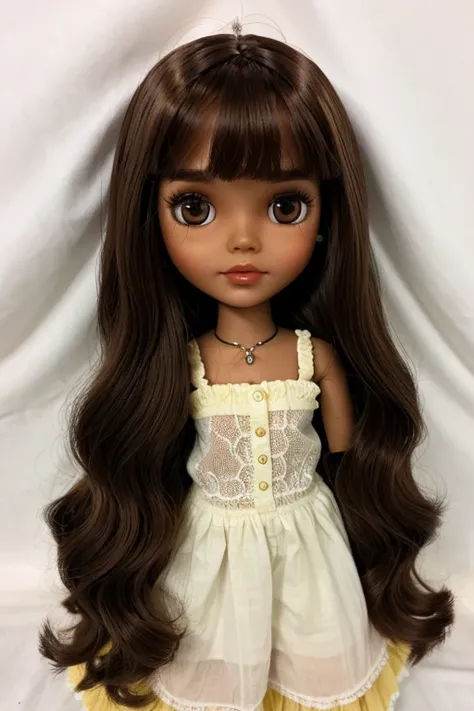 A brown skin blythe doll, long hair with sparse brown bangs, dark brown eyes, long eyelashes, brown lips