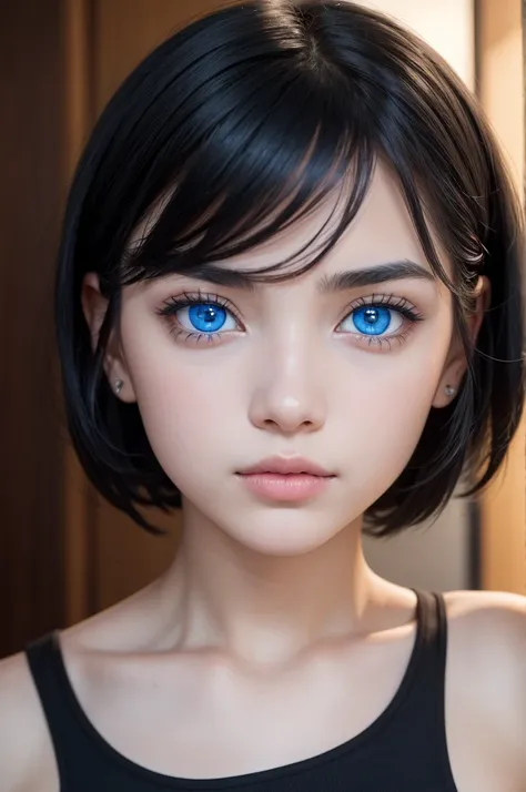 A girl with black hair, blue colored eyes, with a symmetrical face 