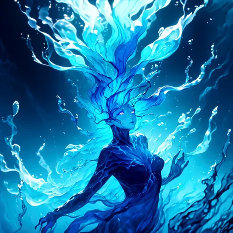 a genasi made of water, woman with water-like skin and flowing blue hair, beautiful detailed eyes, beautiful detailed lips, extremely detailed face, long eyelashes, graceful pose, underwater scene, glowing bioluminescent plants, ethereal lighting, cinemati...