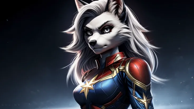 Loona from Helluva Boss, female white wolf, anthro, short white hair, grey eyes, Captain Marvel outfit, standing, serious, clear background, dark lighting, detailed, solo, beautiful, high quality, 4K