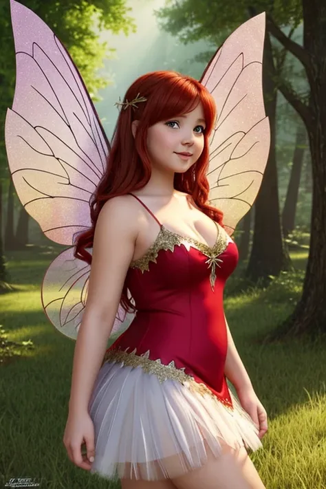 Red headed chubby lady, fairy wings, fairy dress, cartoon, realistic, detailed, animated