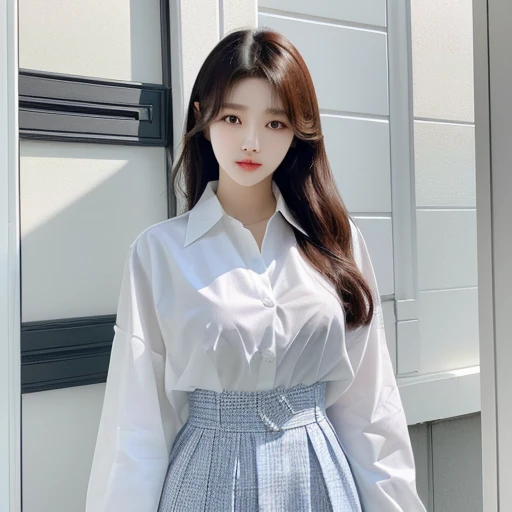 หญิงอาราฟเฟ่Wear a white shirt.กระโปรงลายสก็อตโพสท่าถ่ายรูป, Good quality white shirt, Wear a white shirt., Heonhwa Cho, korean woman, Sakimi-chan, gorgeous young korean woman, beautiful south korean woman, Wear a white button-up shirt., wearing a white sh...