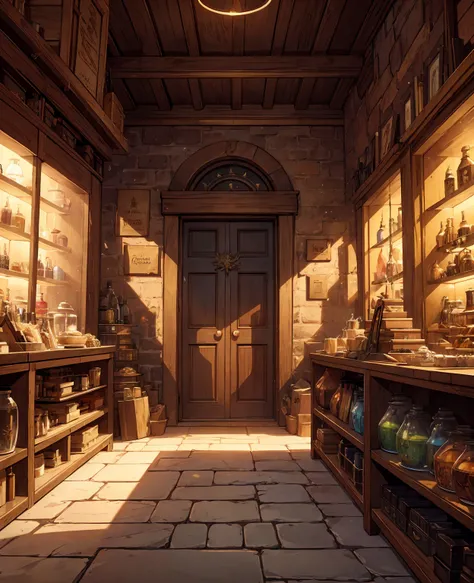 historical setting magic store inside, front view, harry potter, DIAGON ALLEY, showcase, textured, maximum detail, peltate plate, no people, Highest quality, masterpiece, magic potion, Mythological creatures