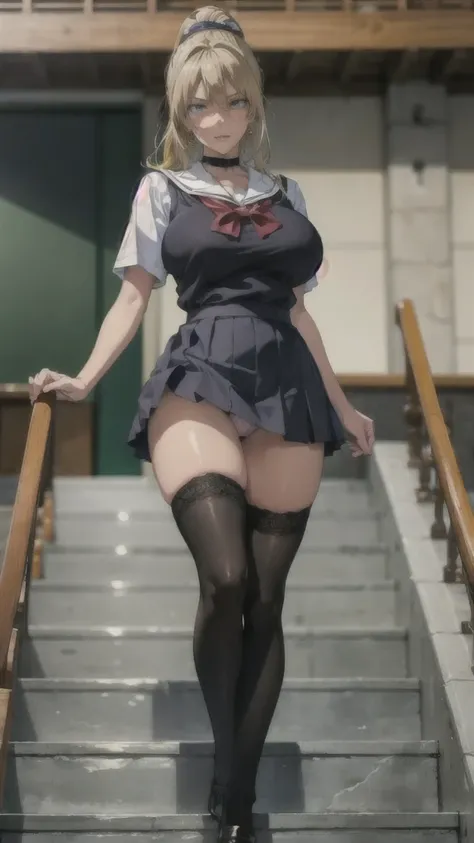 ((Correct Anatomy)),(on stage),(Female student),((school uniform)),((Short sleeve)),(Mini Pleated Skirt),(((Black Stockings))),((Lace panties)),(Stand on the stairs of the school),Ultra-high resolution,Mature Woman, Mature Woman, Very detailed,Sunburned sk...