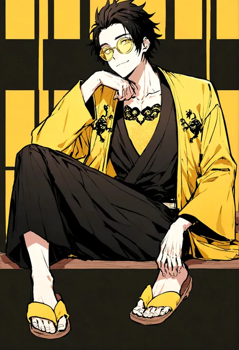 Draw a character that has a very relaxed and stylish look. He has short hair, shaggy and black. Your eyes are small and expressive, and he is holding a pair of yellow-tinted glasses in one hand. His outfit consists of a yellow bomber jacket with white deta...