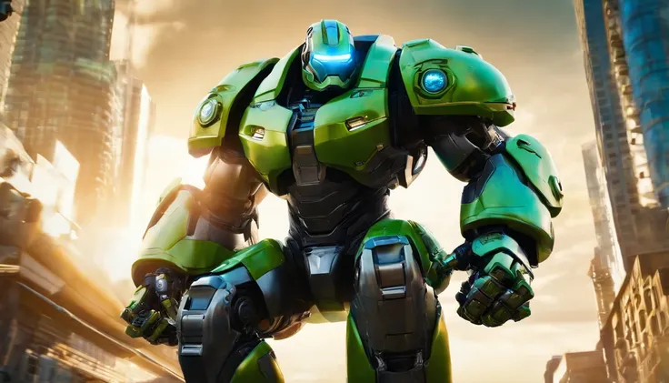 RAW, Masterpiece, Best Quality, Anime-like, non-realistic, Sunlight, Full Body Portrait, Stunningly Beautiful,, Dynamic Poses, Face, Vibrant Eyes, (Side View), Battle Pose, he is wearing Hulkbuster-like mech, blue, neon green and teal color scheme, detaile...