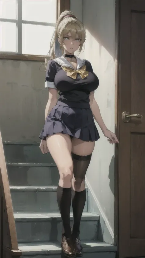 ((Correct Anatomy)),(on stage),(Female student),((school uniform)),((Short sleeve)),(Mini Pleated Skirt),(((Black Stockings))),((Lace panties)),(Stand on the stairs of the school),Ultra-high resolution,Mature Woman, Mature Woman, Very detailed,Sunburned sk...