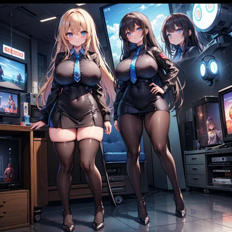 (masterpiece) (high Res), (robot), (Perfect face), (perfect anatomy) Television Head, woman in super tight clothes, (office suit), (mini skirt), shirt, tie, blue glowing eyes, huge breast, narrow waist, wide hips, thick thighs, Brown skin, metal body, blac...