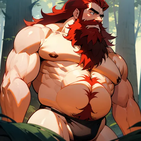 man, age 60, Red hair, red beard, long beard, thick and strong, big belly, thick body hair, Thick chest hair, thick pubic hair, naked, small, tight-fitting panties, In the woods, large fir trees, the sun&#39;s rays break through the trees, nature, standing...