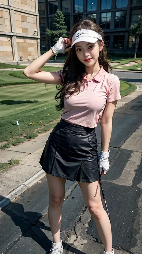 Very detailed CG Unity 8k 壁紙, Highest quality, Very detailed, Tabletop, Realistic, Like the picture, Very detailed美しい女性, 22 year old student、(((Large Breasts)))、(Tight golf wear) , (golf mini skirt) , (Wearing golf gloves)、Wear a sun visor,  Round eyes,  (...