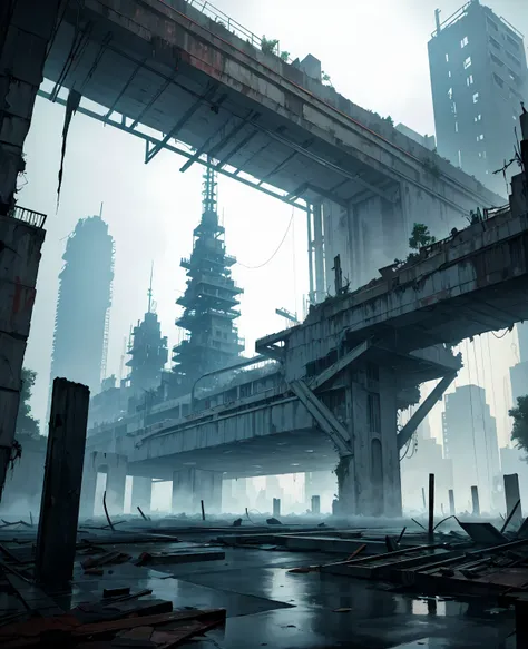 Create a post-apocalyptic scenario where water flooded the earth, with few trees and many structures and buildings. Add high-resolution details such as abandoned buildings, cracks in the structure, faulty electrical installations, and poor lighting. The sc...