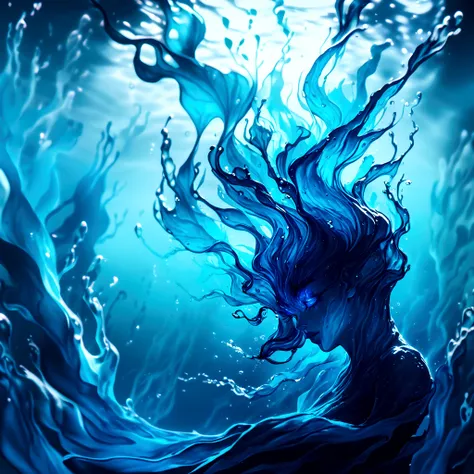 a genasi made of water, woman with water-like skin and flowing blue hair, beautiful detailed eyes, beautiful detailed lips, extr...