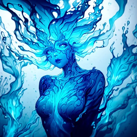 a genasi made of water, woman with water-like skin and flowing blue hair, beautiful detailed eyes, beautiful detailed lips, extremely detailed face, long eyelashes, graceful pose, underwater scene, glowing bioluminescent plants, ethereal lighting, cinemati...