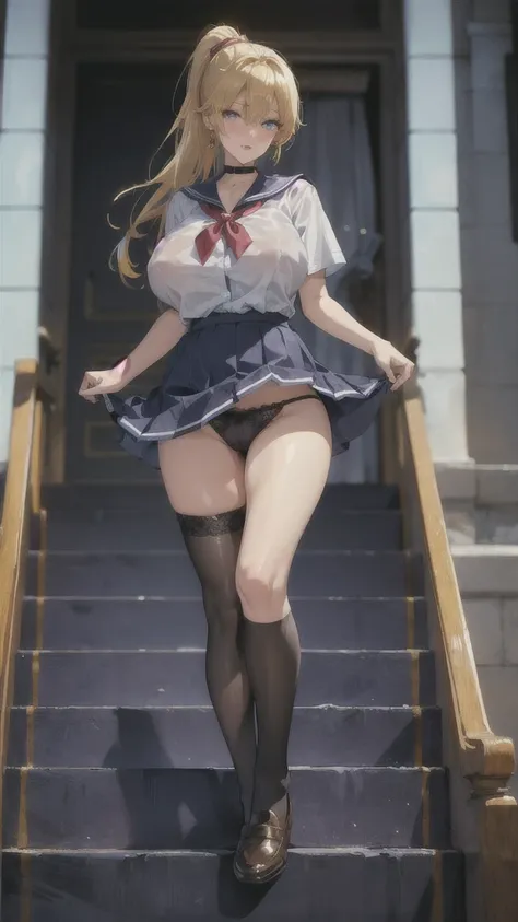 ((Correct Anatomy)),(on stage),(Female student)、((school uniform))、((Short sleeve))、(Mini Pleated Skirt),(((Black Stockings))),((Lace panties)),((Stand on the stairs of the school)),Ultra-high resolution,Mature Woman, Mature Woman, Very detailed,Sunburned ...