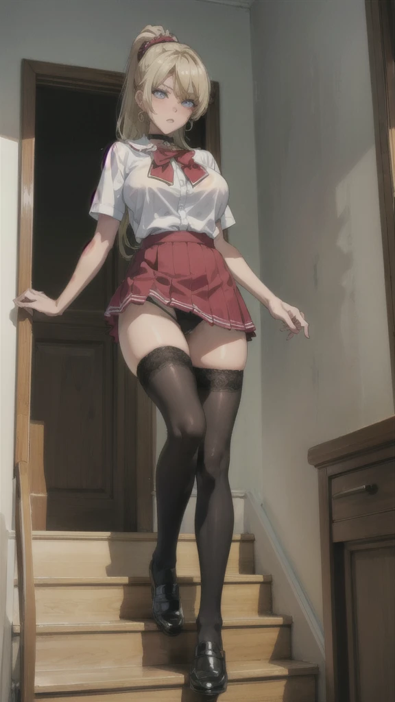 ((Correct Anatomy)),(on stage),(Female student),((school uniform)),((Short sleeve)),(Mini Pleated Skirt),(((Black Stockings))),((Lace panties)),(Stand on the stairs of the school),Ultra-high resolution,Mature Woman, Mature Woman, Very detailed,Sunburned sk...