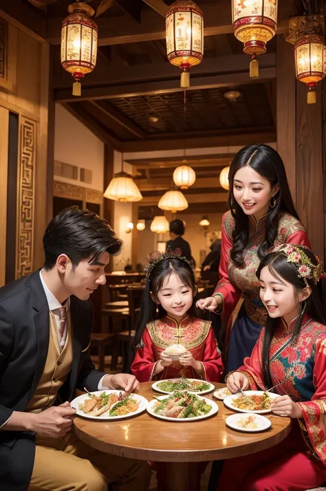 Two families, a Lebanese and a Chinese, sitting together in a restaurant, sharing a meal. The restaurant has a welcoming decor, mixing elements from the Middle East and the Far East. Families are smiling and talking excitedly, with traditional Lebanese and...