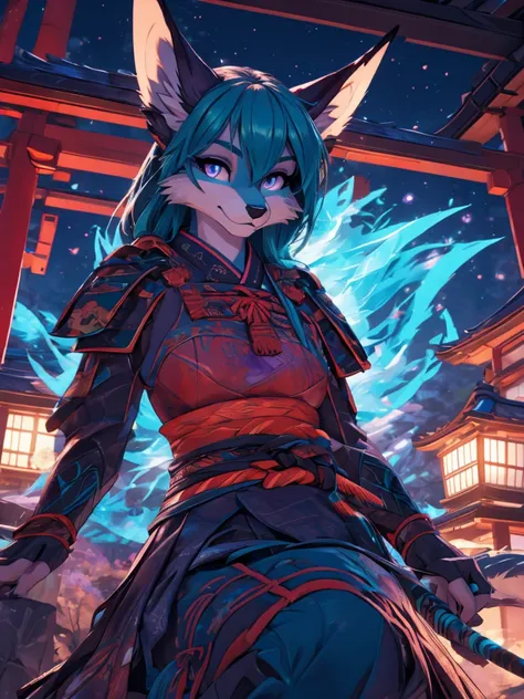 Miku Hatsune x vixen , purple body alta definicion buena anatomia add_detail:1, pelo azul,orejas de kitsune, tatuaje tribal add_detail:1, cute girl add_detail:1,japanese corpse field add_detail:1, fullbody  descalza add_detail, rostro altamente detallados,...