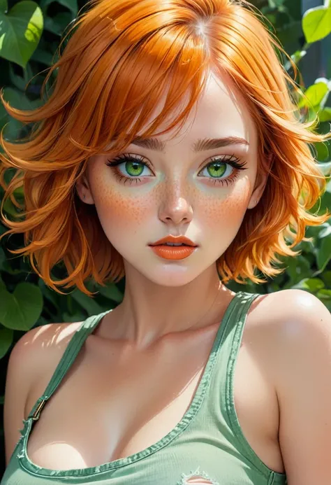 Heres a detailed prompt in English for drawing a beautiful girl:

Imagine a stunning girl with glossy lipstick, freckles on her delicate face, and short, orange hair with a subtle sheen. Her eyes are large, with a slight tilt, and theyre a captivating shad...