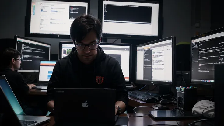 A web programmer is at a night hackathon, surrounded by other programmers. Has a laptop and an external monitor, both showing code in Ruby. There are cans of energy drink and snacks on the table. At the bottom, other teams are seen working intensely. 4K re...