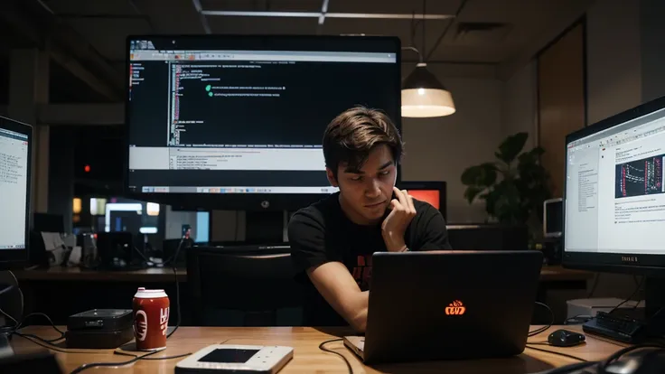 A web programmer is at a night hackathon, surrounded by other programmers. Has a laptop and an external monitor, both showing code in Ruby. There are cans of energy drink and snacks on the table. At the bottom, other teams are seen working intensely. 4K re...