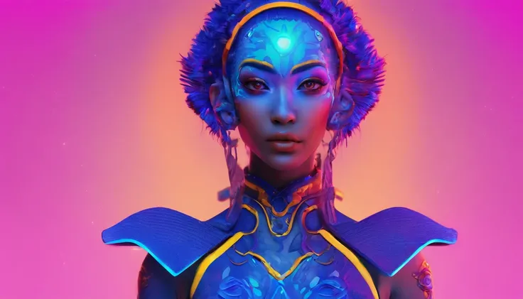 blue humanoid avatar with bioluminescent avatar markings, Spots and patterns on your skin. tribal clothing, Elf pointy ears. avatar like hair, hair-color: blackw, bright, shining blue eyes, slightly shimmering iridescent blue skin. female, warrior like, ma...