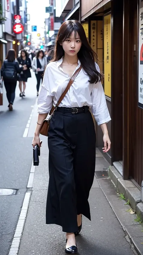 Just like in the movies, a woman walks through the streets of Japan holding a gun.