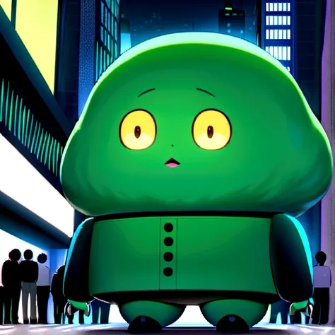 Unrealistic rendering of a tiny, cute robot in a busy environment, crowded city at night, fluffy eyes, volumetric lighting. green color