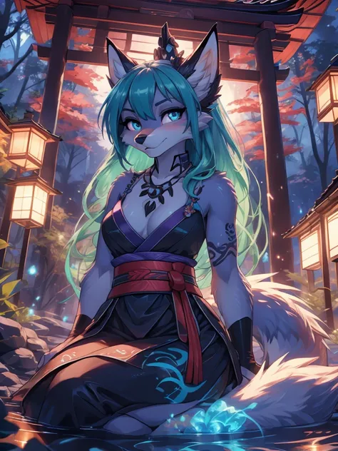 Miku Hatsune x vixen , purple body alta definicion buena anatomia add_detail:1, pelo azul,orejas de kitsune, tatuaje tribal add_detail:1, cute girl add_detail:1, add_detail:1, japanese shrine landscape add_detail:1, fullbody  descalza add_detail, rostro al...