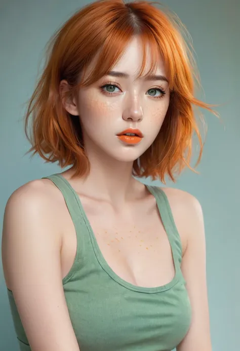 Heres a detailed prompt in English for drawing a beautiful girl:

Imagine a full body stunning girl with glossy lipstick, freckles on her delicate face, and short, orange hair with a subtle sheen. Her eyes are large, with a slight tilt, and theyre a captiv...