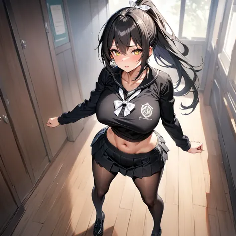 A woman wearing a black school t-shirt with long sleeves, short black skirt, black tights, black womens shoes, exposed abdomen, large breasts, white bow around her neck, long black hair, ponytail, white bow in her hair, walking in a Japanese school room, y...