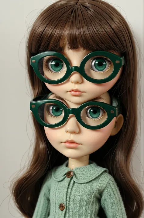 create the image of a big-eyed blythedoll, nose a little wide, short courtaing bags and thin green glasses with large brown eyes and a mole under the left eye 