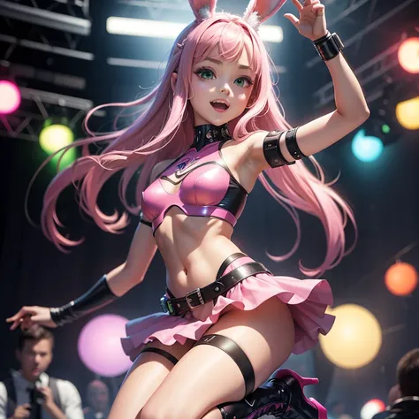 (masterpiece), (best quality), (high res) Solo, (perfect anatomy), (young girl (10 years old), fair skin, pink hair (shoulder length), green eyes, (bunny ears) (skin tight idol outfit), (blue high heels boots), (shirt), (super tight mini skirt), smiling, f...