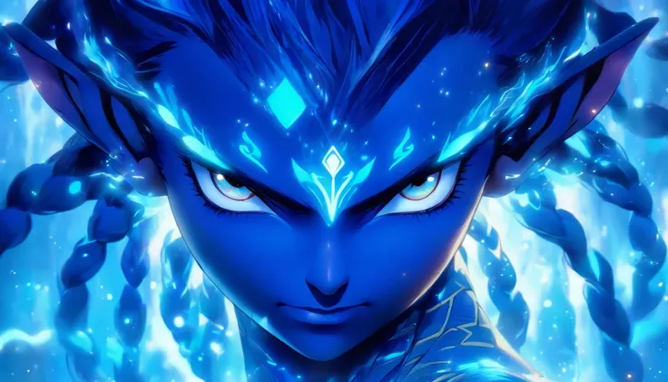 blue humanoid avatar with bioluminescent avatar markings, Spots and patterns on your skin. tribal clothing, Elf pointy ears. avatar like hair, hair-color: blackw, bright, shining blue eyes, slightly shimmering iridescent blue skin. female, warrior like, ma...